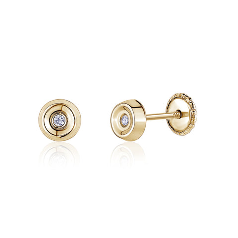 14k Gold CZ Button Round Stud Earrings Screwback Baby Girls or Multiple Piercings Yellow with Simulated Diamond