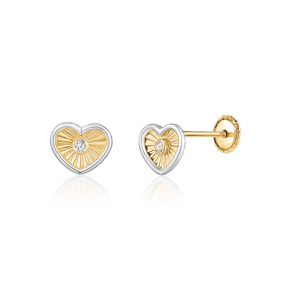 14k Yellow White Gold Heart Earrings Stud Post Sun Rays Design Simulated Diamond Screwback Closure