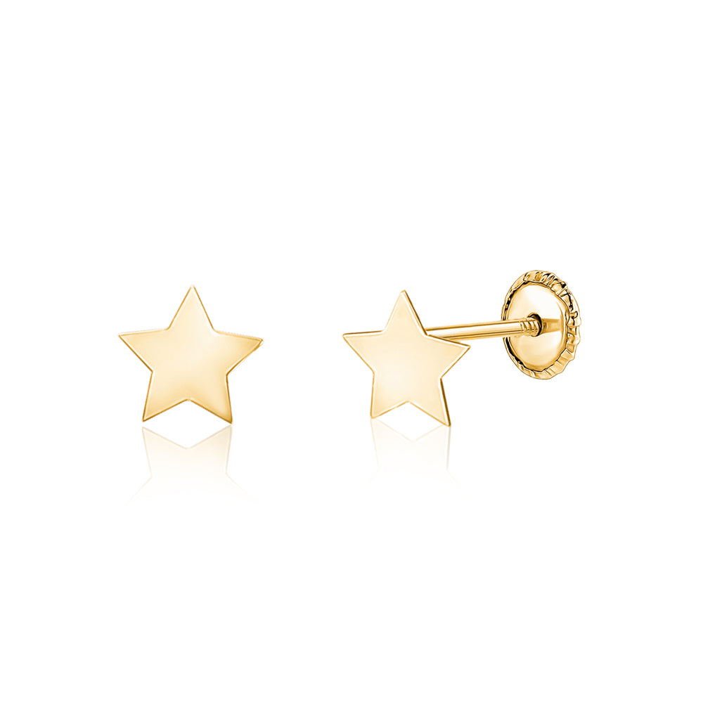 14k Yellow Gold Small Star Earrings Stud Shiny Polished Screwback Closure