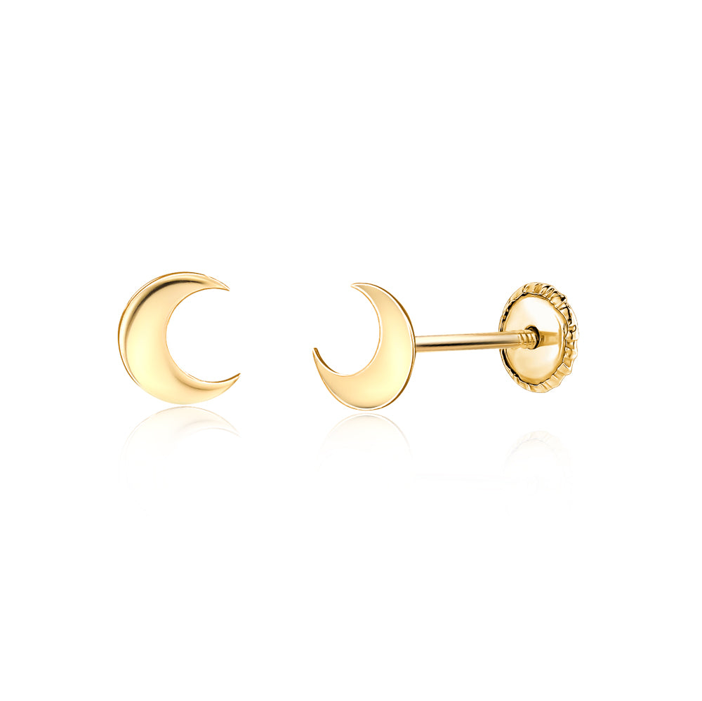 14k Yellow Gold Small Moon Earrings Stud Shiny Polished Screwback Closure