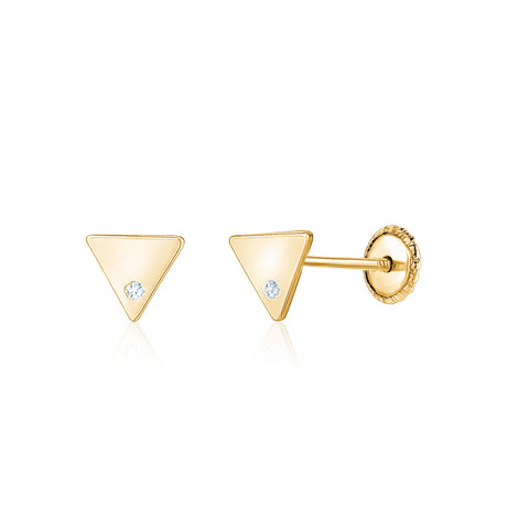 14k Yellow Gold Small Flat Triangle Earrings Stud Shiny Polished with Simulated Diamond Screwback Closure