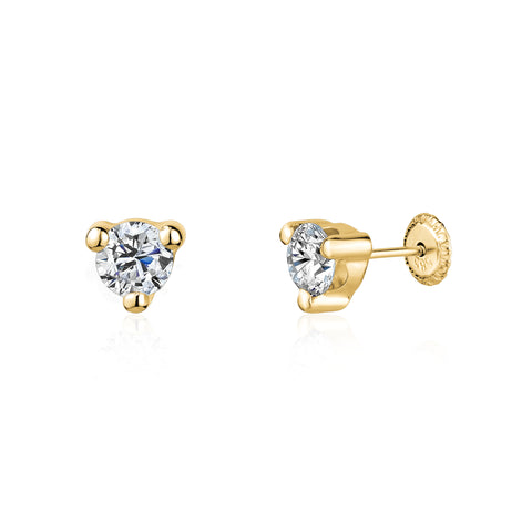 14k Gold 3 Prong Simulated Diamond Stud Earrings Martini Style| 3mm 4mm 5mm | Covered Screwback