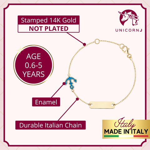 14K Yellow Gold Kids Boys Girls ID Bracelet Anchor Charm with Blue Enamel Italy