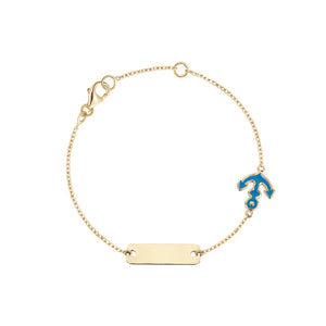 14K Yellow Gold Kids Boys Girls ID Bracelet Anchor Charm with Blue Enamel Italy