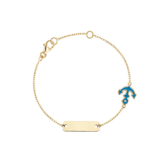 14K Yellow Gold Kids Boys Girls ID Bracelet Anchor Charm with Blue Enamel Italy