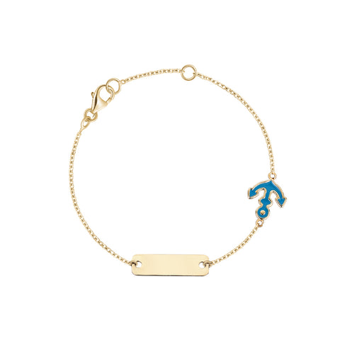 14K Yellow Gold Kids Boys Girls ID Bracelet Anchor Charm with Blue Enamel Italy