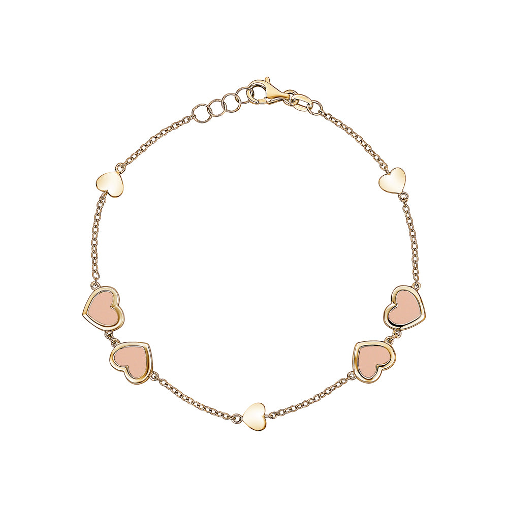 14K Yellow Gold Multiple Heart Bracelet Mother of Pearl or Pink for Girls and Women Italy 7"