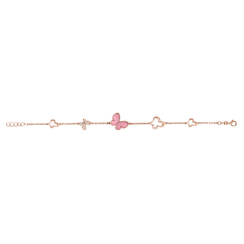 14K Rose Gold Butterfly Bracelet with Pink Mother of Pearl and Simulated Diamonds Italy 7"