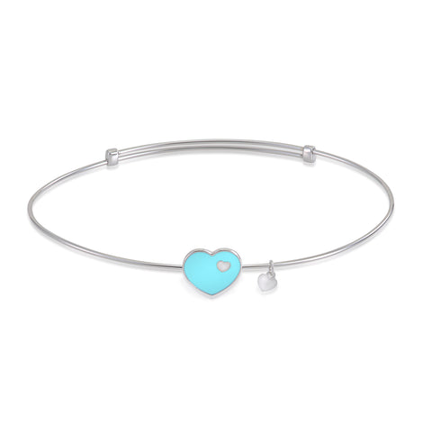 UNICORNJ 14K White Gold Adjustable Bangle Bracelet with Light Pink or Light Blue Enamel Heart Accent 7" Italy