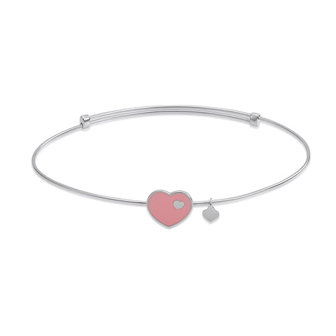 UNICORNJ 14K White Gold Adjustable Bangle Bracelet with Light Pink or Light Blue Enamel Heart Accent 7" Italy