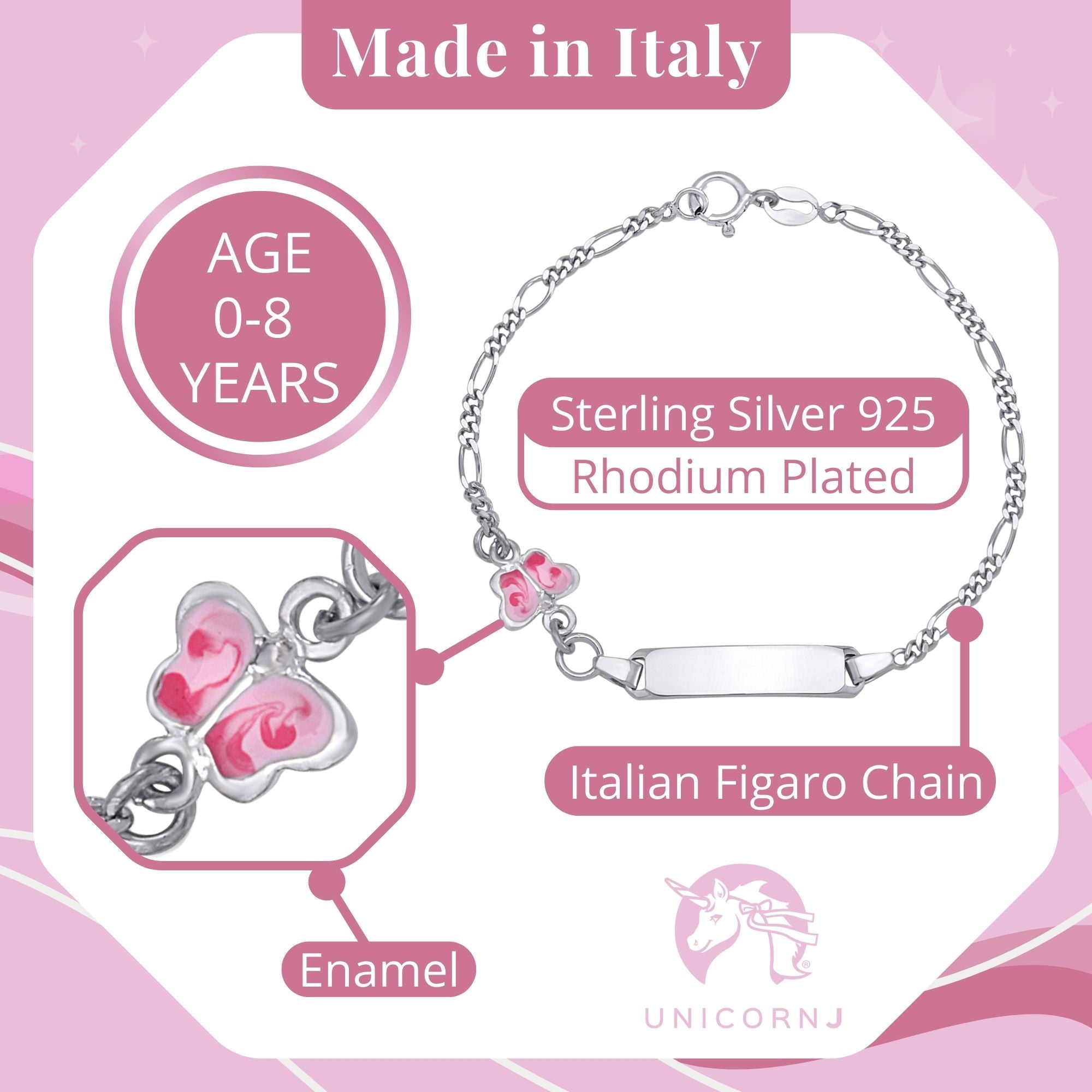 UNICORNJ Sterling Silver 925 Childrens Bracelet with Butterfly Enamel Charm Italy