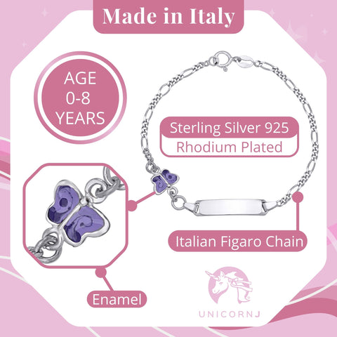 UNICORNJ Sterling Silver 925 Childrens Bracelet with Butterfly Enamel Charm Italy