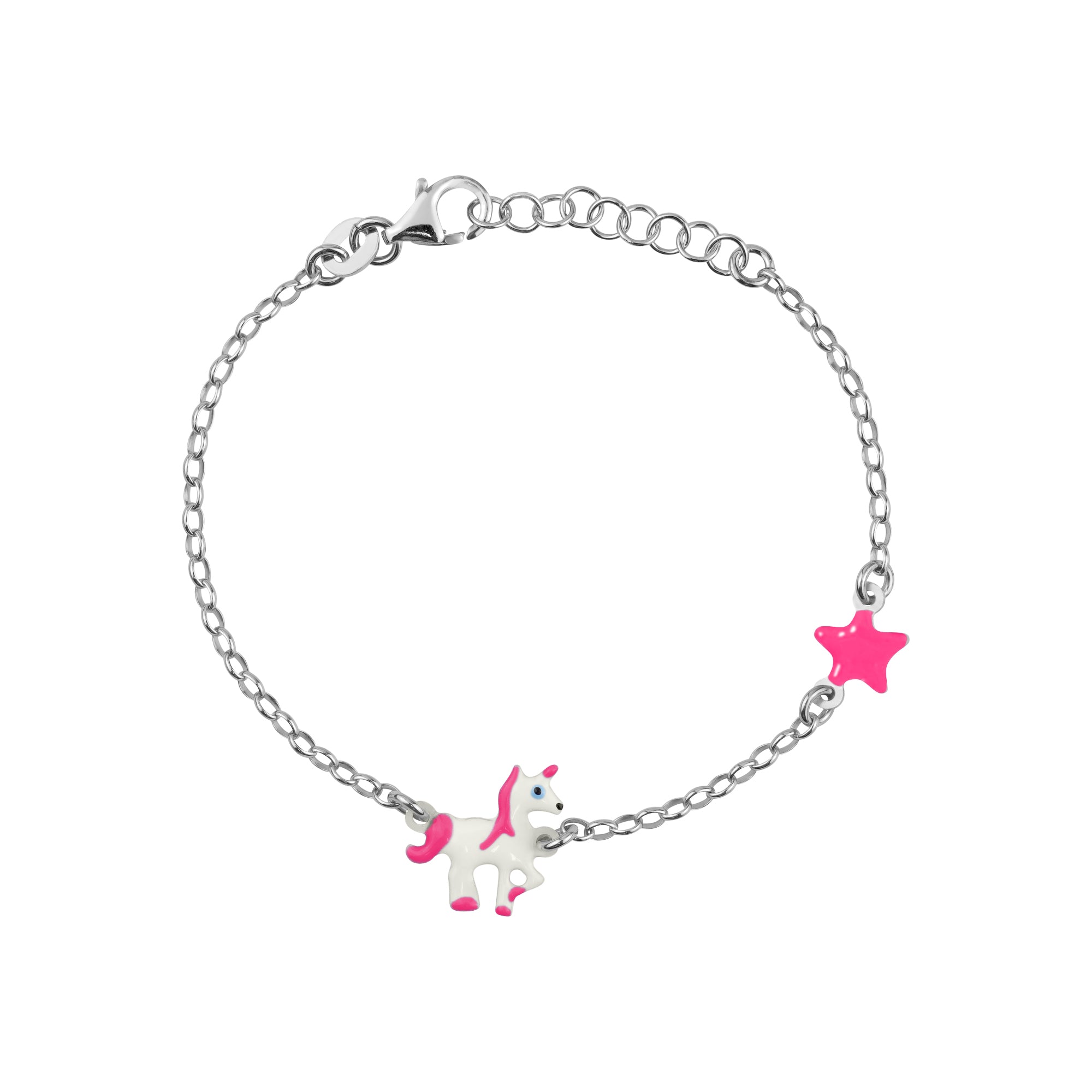 UNICORNJ Sterling Silver 925 Bracelet for Girls Trotting Unicorn and Star with Enamel 6.5"