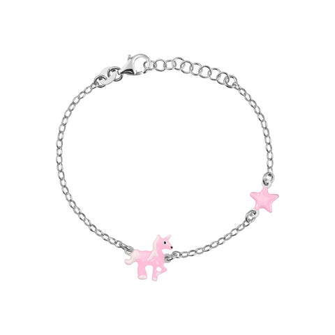 UNICORNJ Sterling Silver 925 Bracelet for Girls Trotting Unicorn and Star with Enamel 6.5"