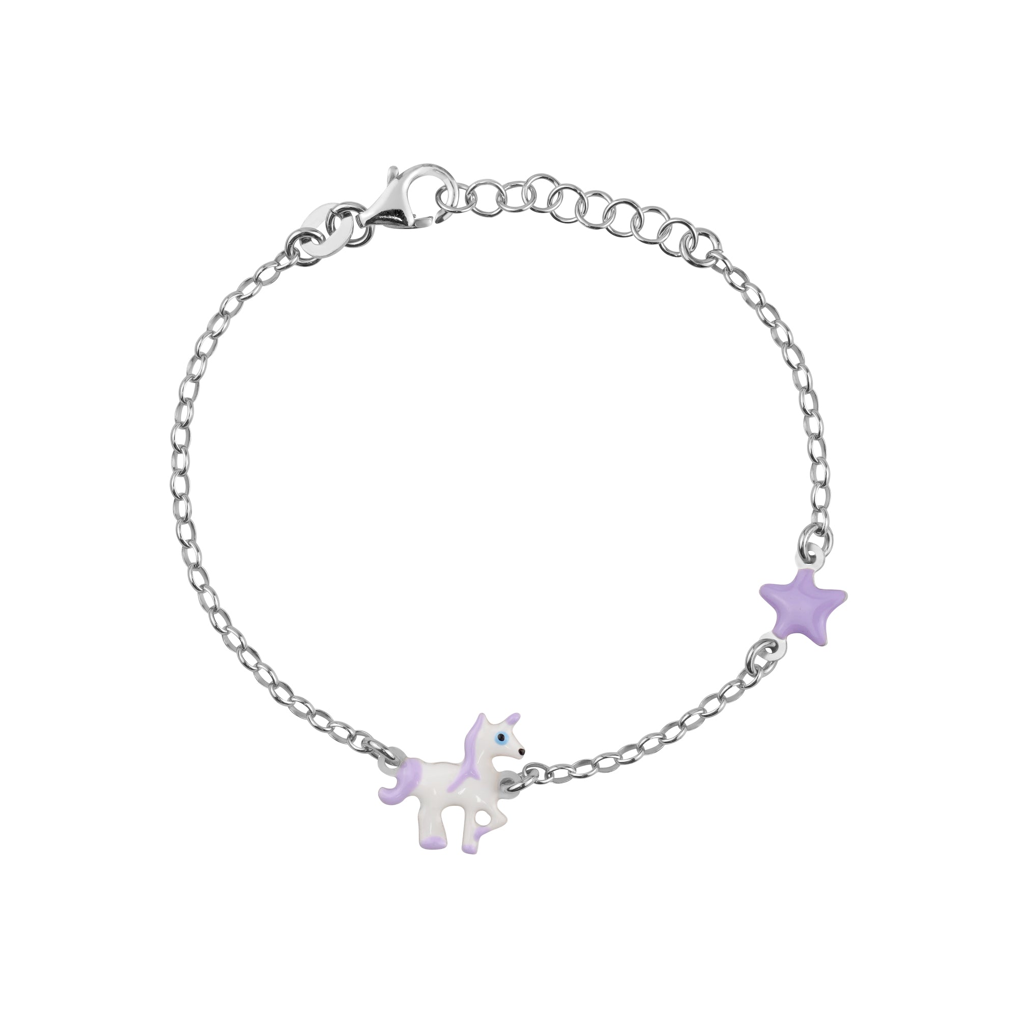 UNICORNJ Sterling Silver 925 Bracelet for Girls Trotting Unicorn and Star with Enamel 6.5"