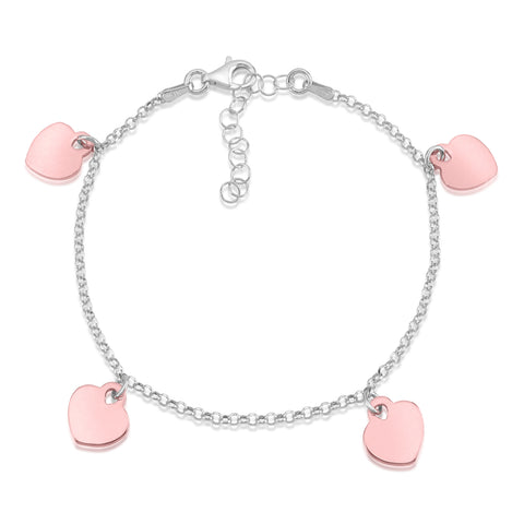 Sterling Silver Rose Gold High Polished Heart Charm Bracelet Rolo Chain 8"
