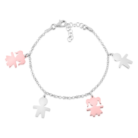 Sterling Silver High Polished Bicolor Rose Gold Plated Girl Boy Silhouette Figure Charm Bracelet 8"