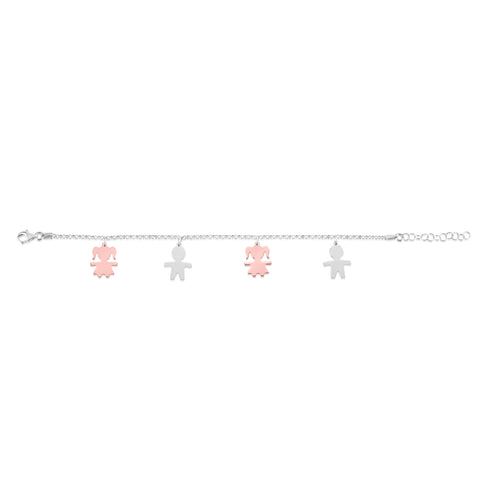 Sterling Silver High Polished Bicolor Rose Gold Plated Girl Boy Silhouette Figure Charm Bracelet 8"