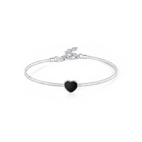 Sterling Silver Wire Bracelet Bangle Heart with Onyx  Inlay 7"