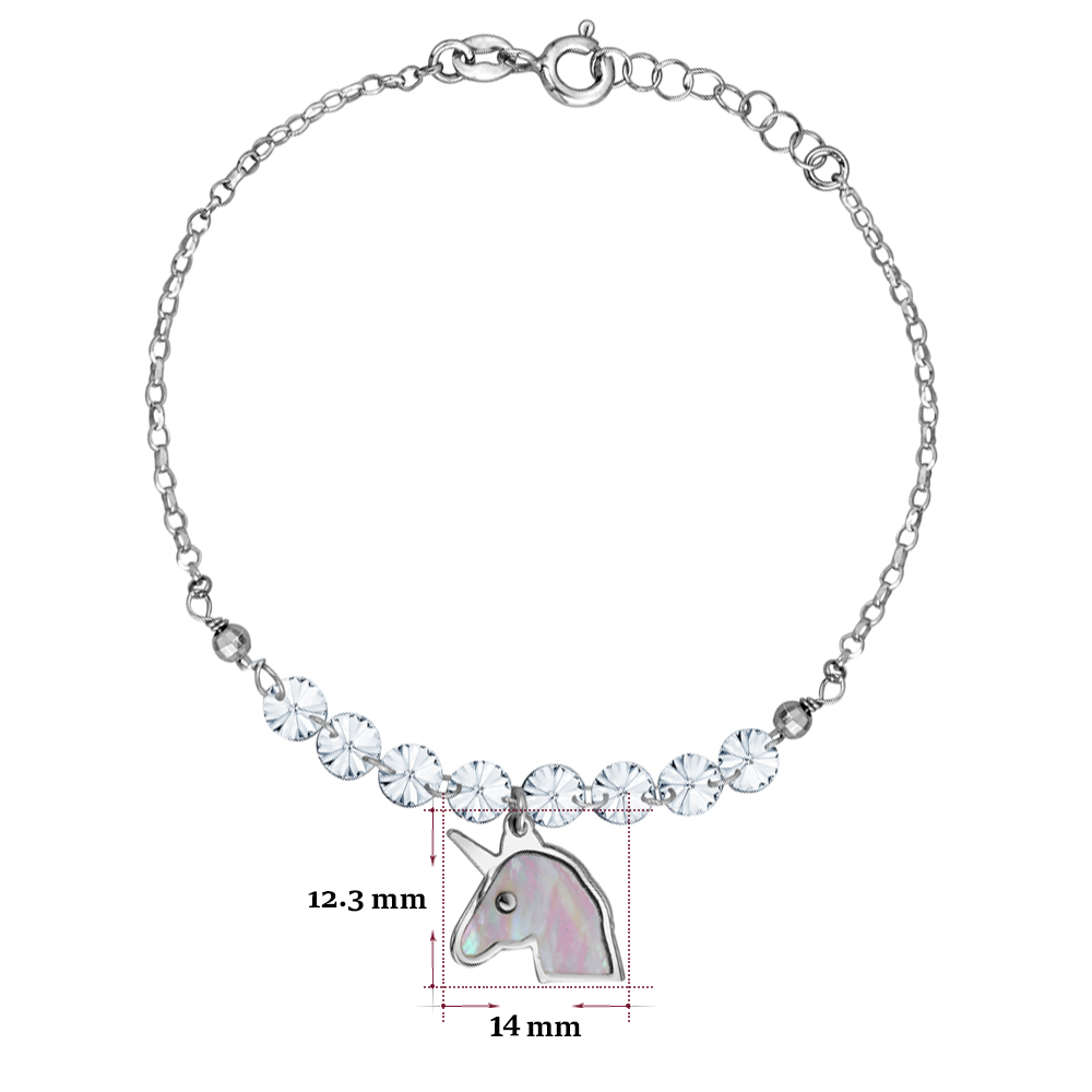 Sterling Silver Unicorn Bracelet with Mother of Pearl Inlay and Diamond Crystals 7.5"