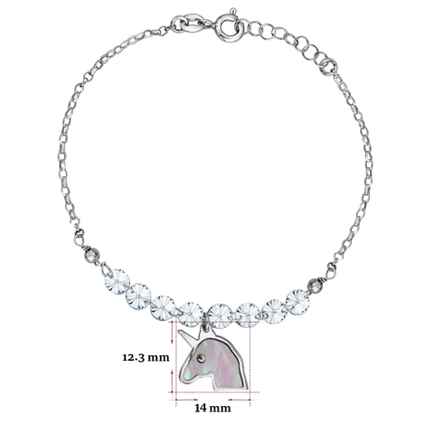 Sterling Silver Unicorn Bracelet with Mother of Pearl Inlay and Diamond Crystals 7.5"