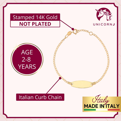 14k Yellow Gold ID Bracelet Engravable Girls Boys Kids Baby Curb Chain Made in Italy