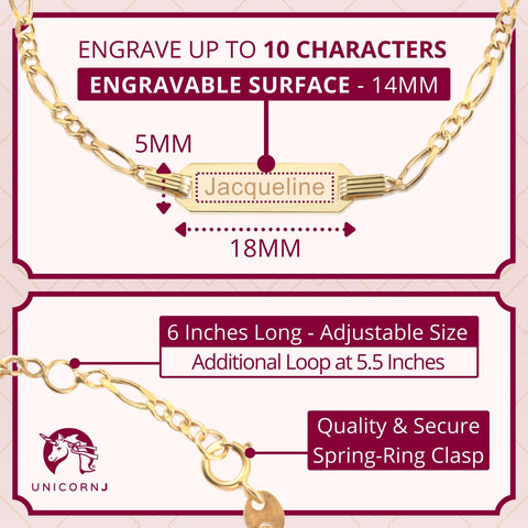 Detail of the 14k gold bracelet showing the option to engrave up to 10 characters