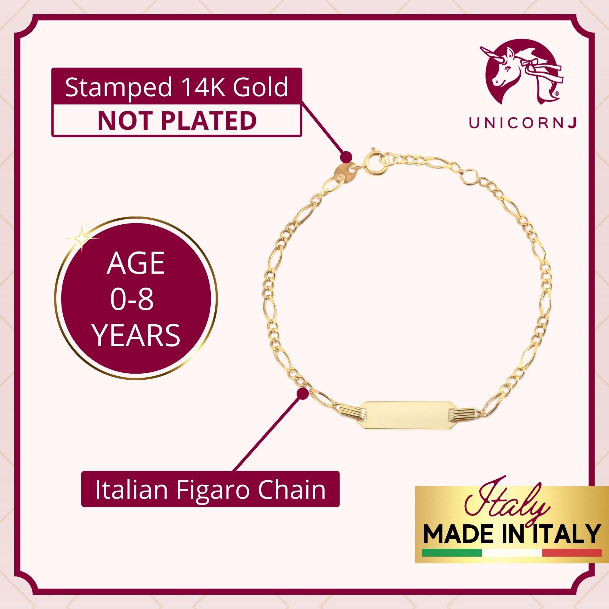 14k Solid Gold ID Bracelet with Figaro Chain for Children Personalized Engrave Name Plate Gift for Girls and Boys Italian Made in Italy