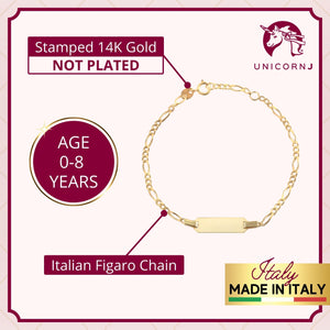 Close-up of the 14k solid gold ID bracelet with 'Made in Italy' sign