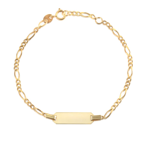 14k solid gold ID bracelet for children with personalized name plate and figaro chain