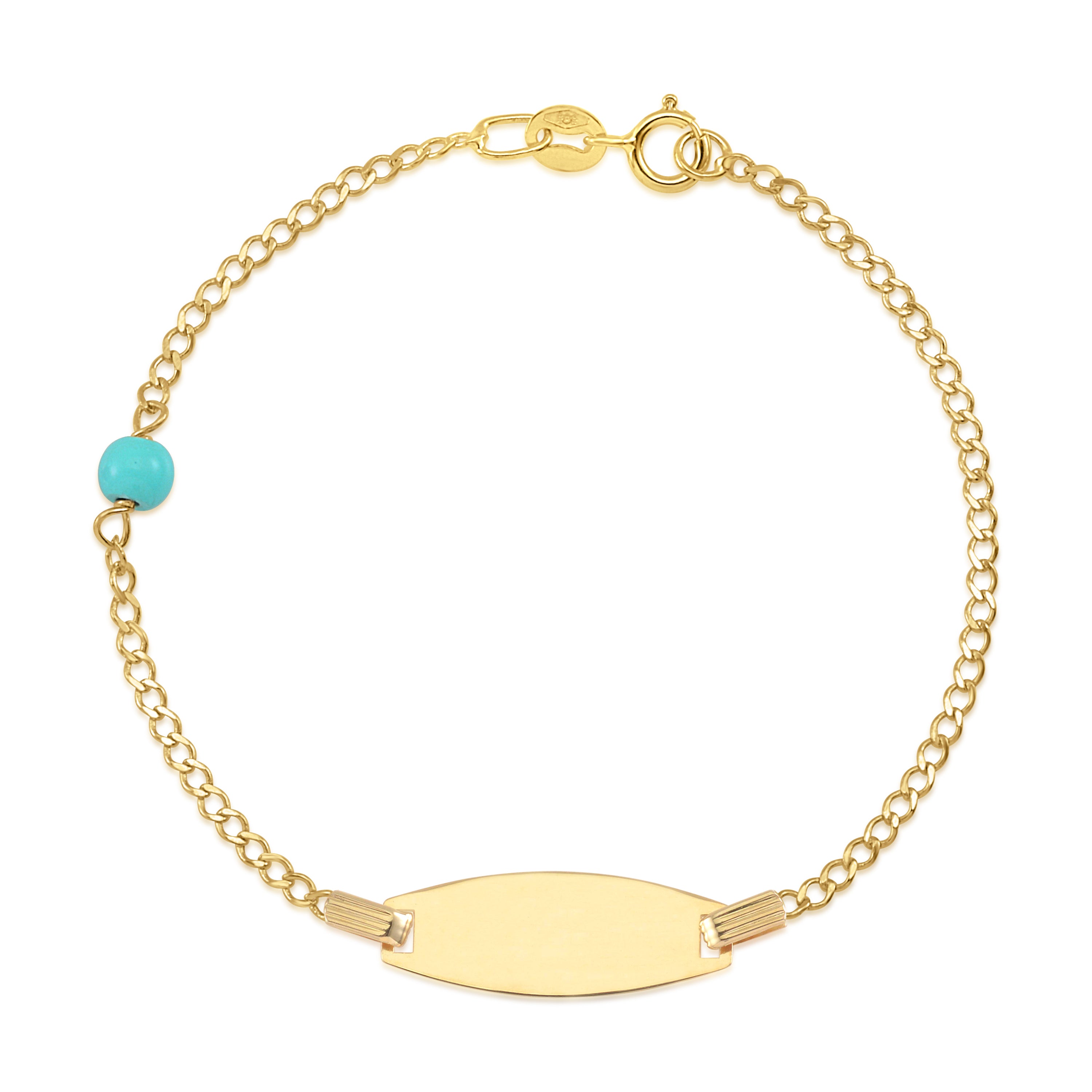 Unicornj 14K Yellow Gold ID Bracelet Boys Girls Bead Accent Curb Chain 5.5" Italy Bowed