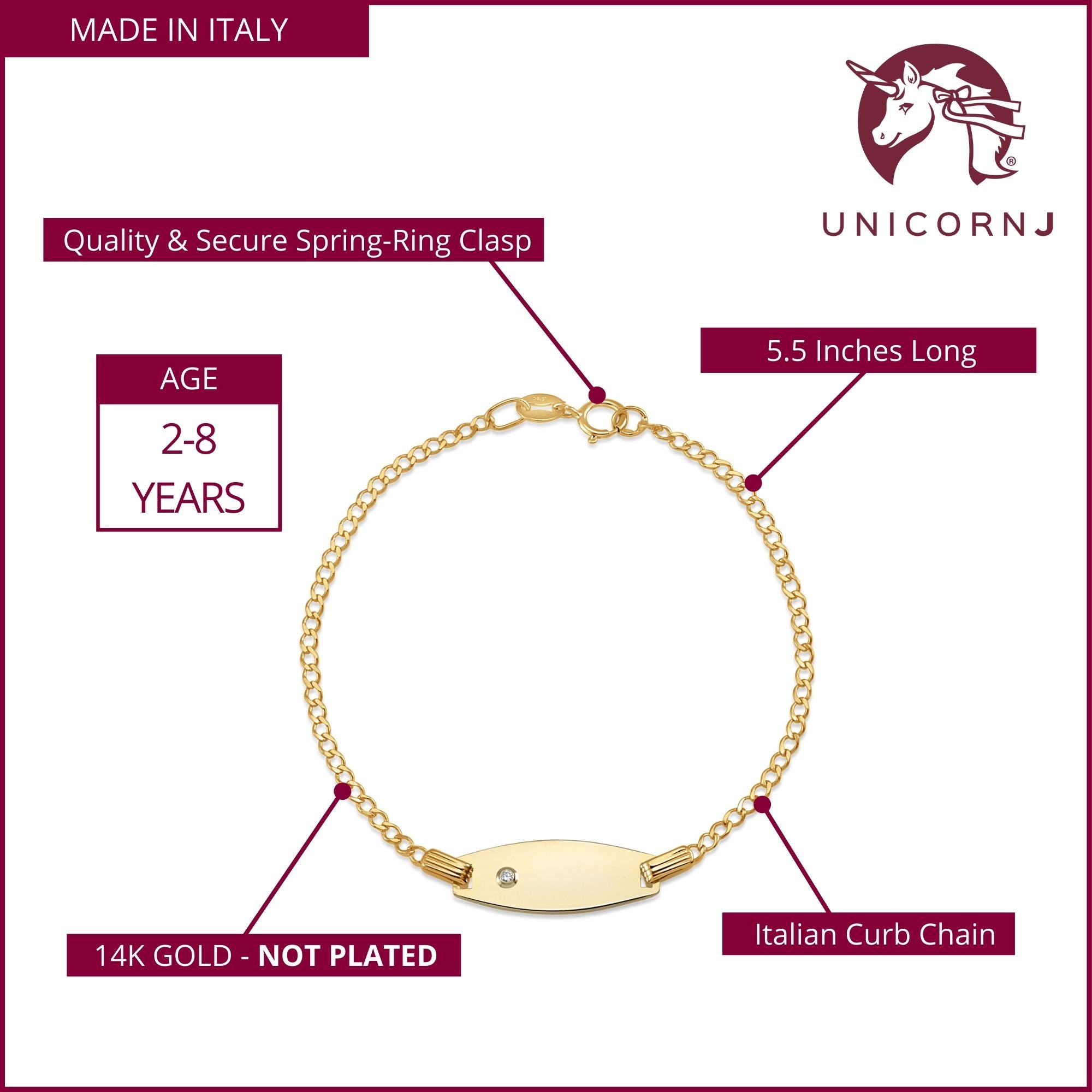UNICORNJ Kids 14K Yellow Gold Bowed ID Bracelet Curb Chain 5.5" with Diamond Accent 0.01 ct Italy