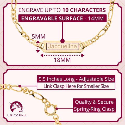 Kids ID Bracelet 14K Yellow Gold for Boys Figaro Chain Car Italy UNICORNJ 5.5"