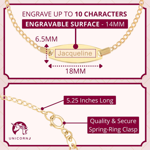 14k Gold ID Bracelet Engravable Girls Boys Kids Baby Gold Heart Charm Curb Chain Made in Italy