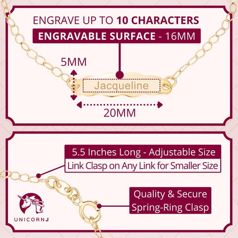 14k Gold ID Bracelet Engravable Girls Boys Kids Baby Pink Enamel Heart Charm Made in Italy