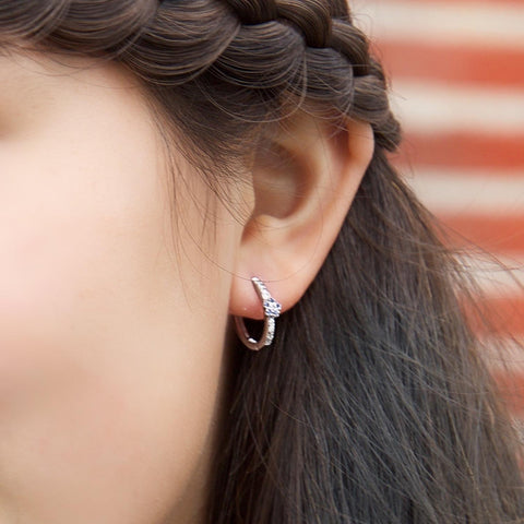 Flower Huggie Earrings in 14k White Gold with CZ Pink or Blue