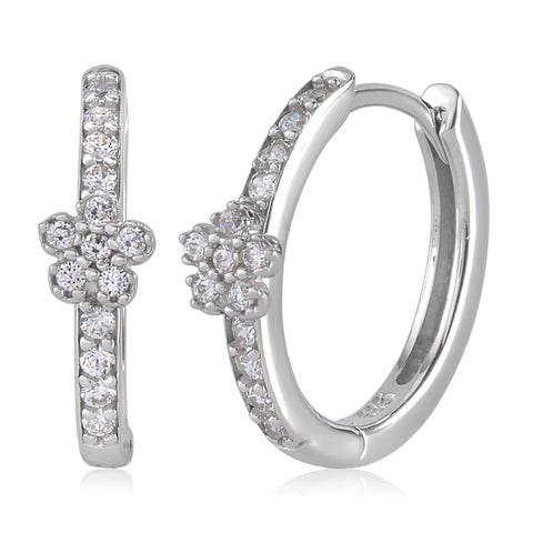 Flower Huggie Earrings in 14k White Gold with CZ Pink or Blue