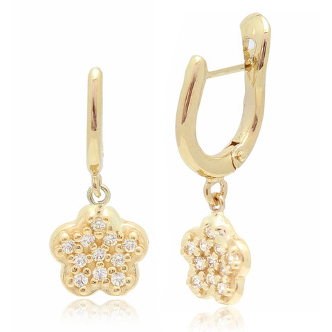 14K Yellow Gold Pavé CZ Flower Dangle Earrings on Leverback