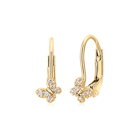 14K Yellow Gold Pavé CZ Butterfly Leverback Earrings
