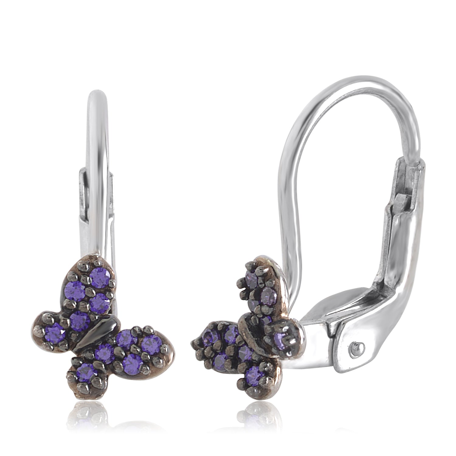14K White Gold with Pink and Purple Pavé CZ Butterfly Leverback  Earrings with Black Rhodium Finish