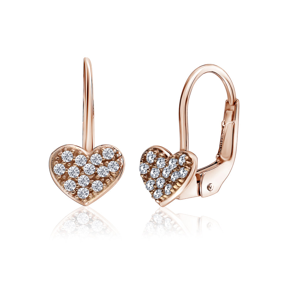 14K Yellow Gold Heart Leverback Earrings with Pavé Simulated Diamonds