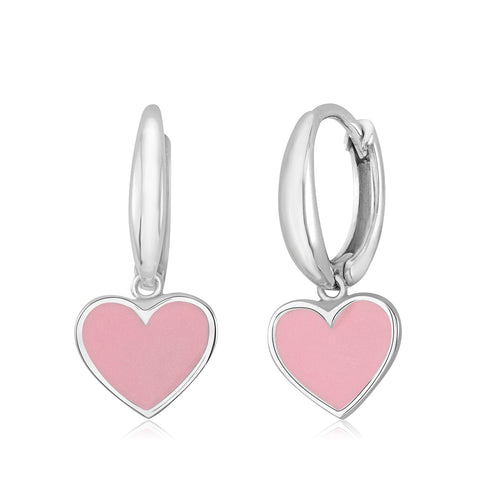 14K White or Yellow Gold Large Heart Dangle Leverback Earrings with Light Blue Light Pink and Dark Pink Enamel