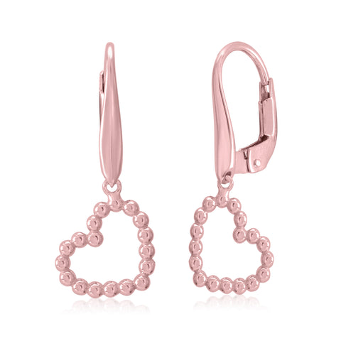 14K Yellow or Rose Gold Beaded Sideways Heart Outline Dangle Earrings on Leverback