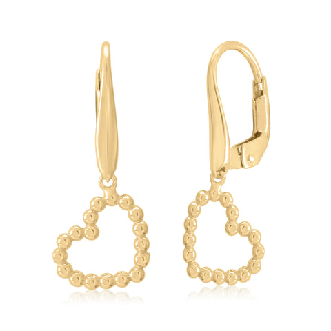 14K Yellow or Rose Gold Beaded Sideways Heart Outline Dangle Earrings on Leverback