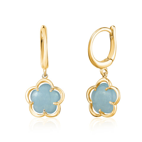 14K Yellow Gold Leverback Dangle Flower Earrings with Flower Shape Milky Aquamarine Cabochon Italy