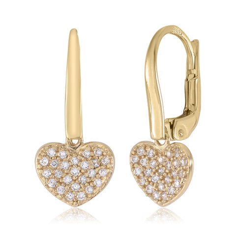 Heart Leverback Earrings in 14k Gold Yellow White Red or Rose with CZ Pave