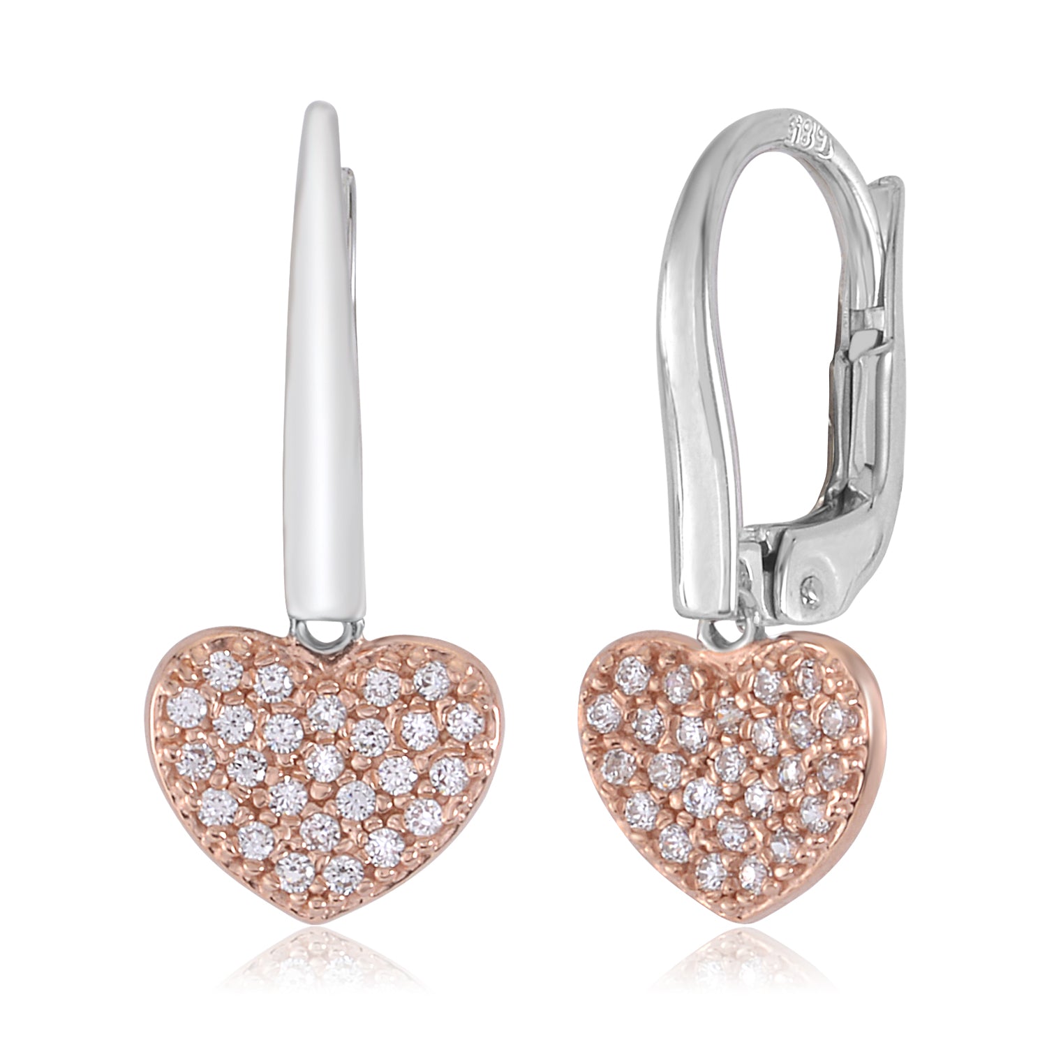Heart Leverback Earrings in 14k Gold Yellow White Red or Rose with CZ Pave