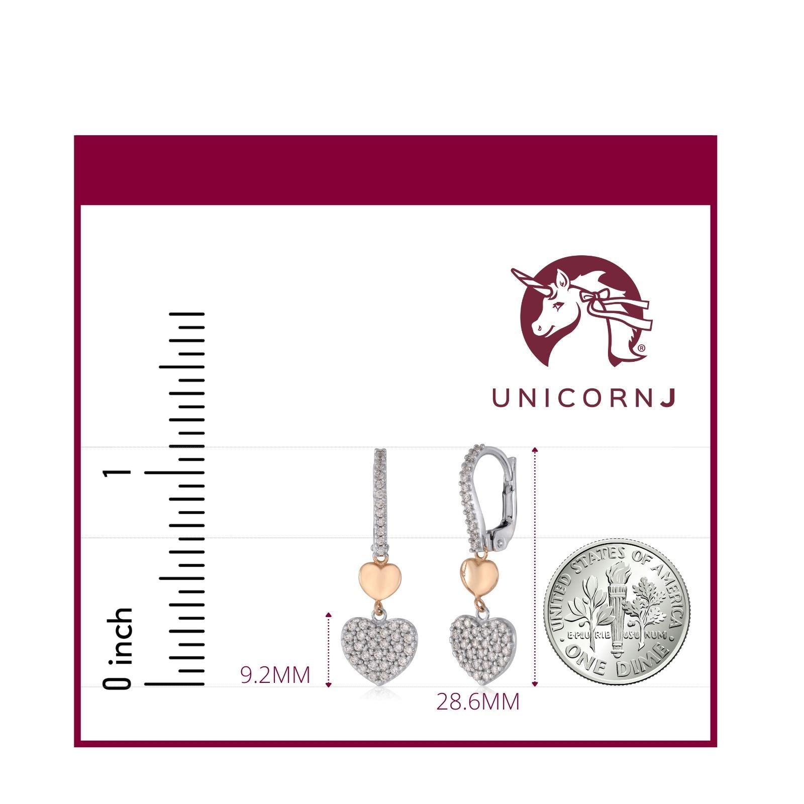 14K White Gold Pave CZ Heart Long Dangle Leverback Earrings with Rose Gold Heart Accent