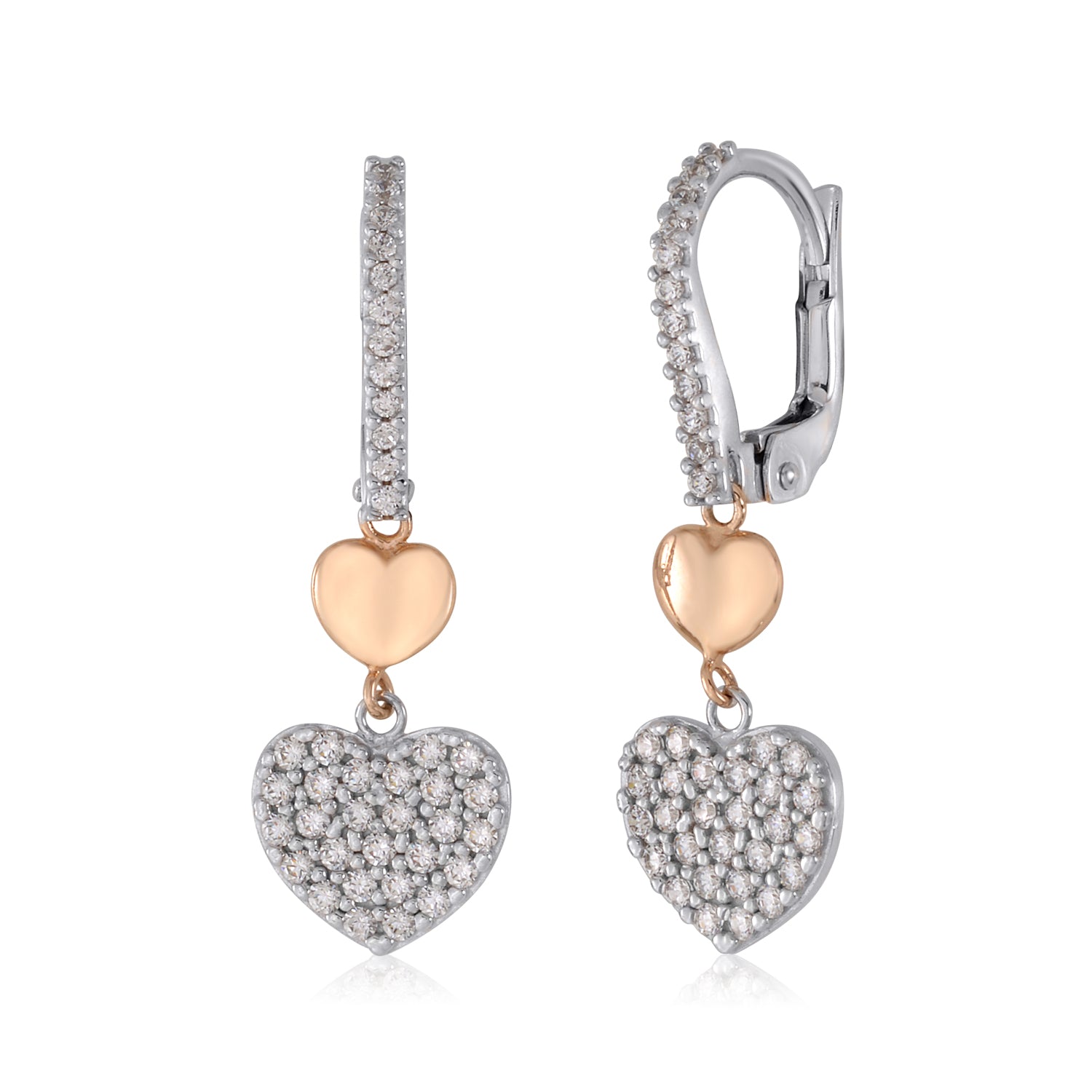 14K White Gold Pave CZ Heart Long Dangle Leverback Earrings with Rose Gold Heart Accent