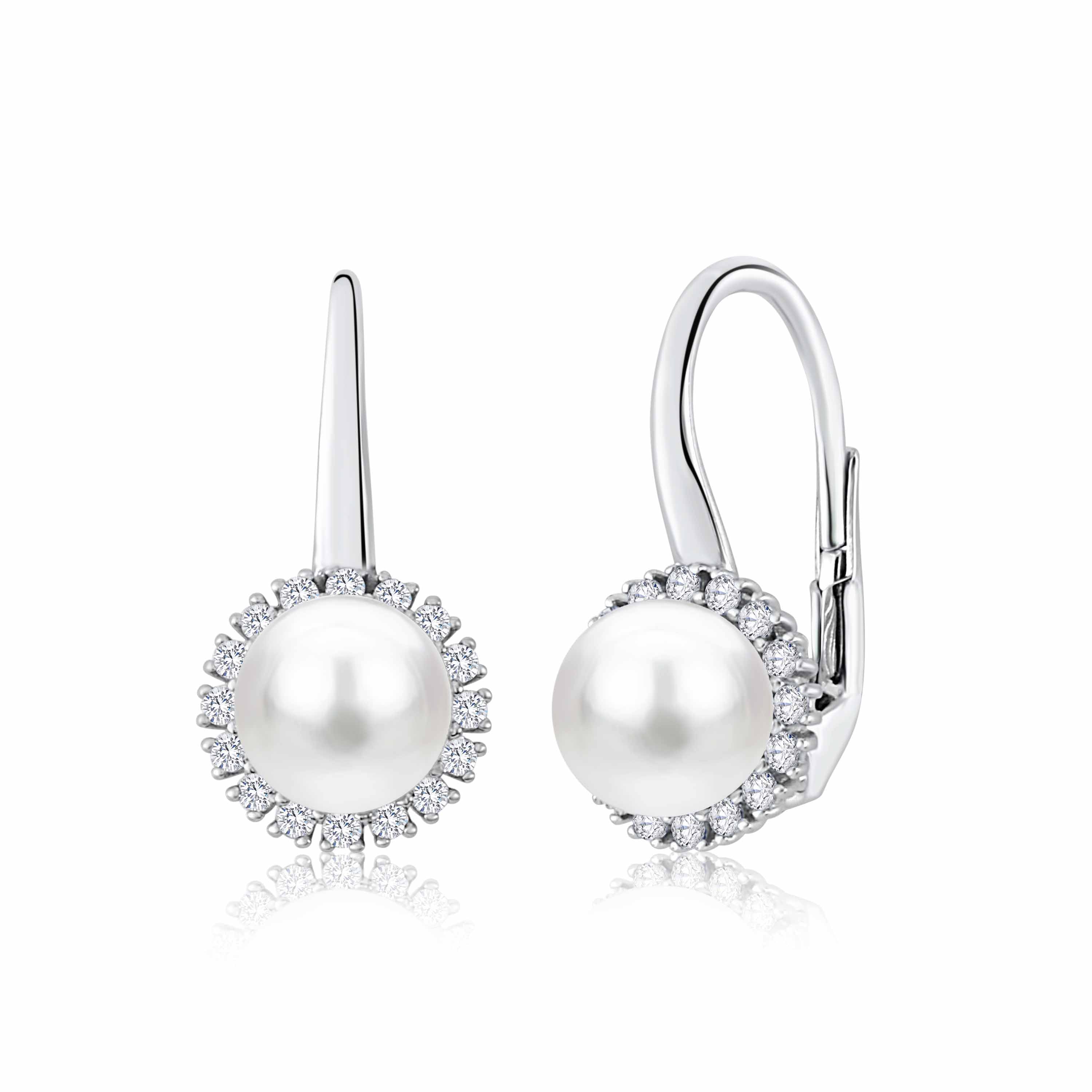 UNICORNJ 14K White Gold CZ Halo Leverback Earrings with Freshwater Cultured Pearl Italy